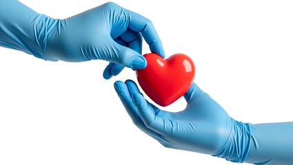 Two hands, both gloved in blue latex, gently exchange a small, red heart-shaped object 