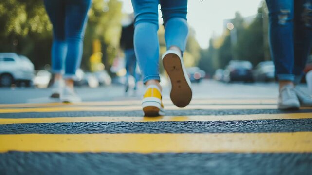 Legs of people in sneakers and jeans crossing pedestrian crossing	
