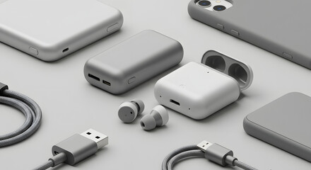 Fototapeta premium Minimalist grey tech essentials showcase: power banks, earbuds, phone and usb cables on grey