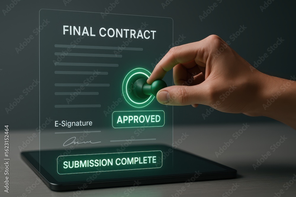 Poster final contract approved with digital e-signature, green status indicators, and holographic submissio