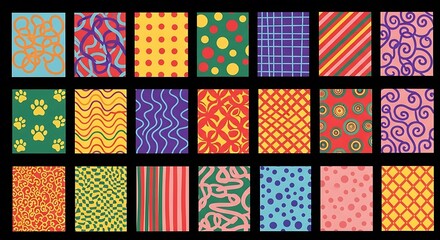 A collection of 24 diverse abstract and geometric patterns in various vibrant colors, suitable for creative design backgrounds