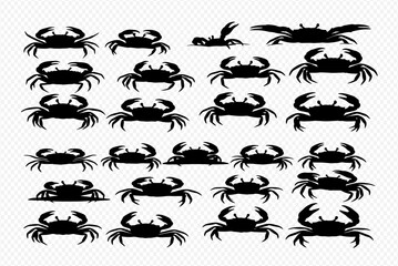A diverse collection of black crab silhouettes in various poses and sizes.