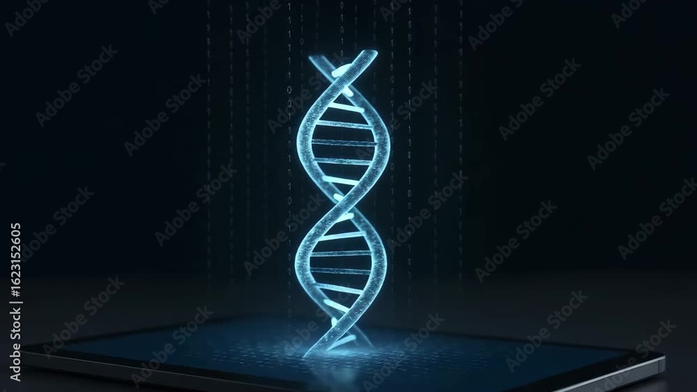 Poster a dna helix floating above a tablet screen, symbolizing technological advancements in science.
