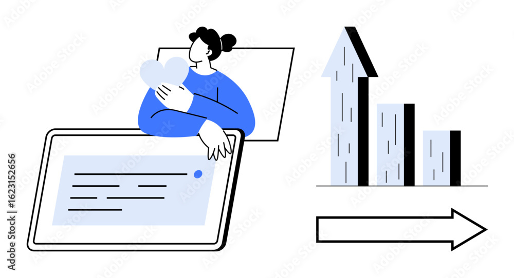 Poster person holding a heart while interacting with a tablet. growth graph and arrow representing progress