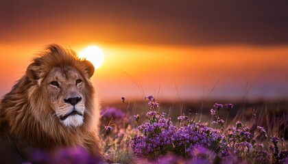 majestic lion sunset savannah flowers wildlife photography
