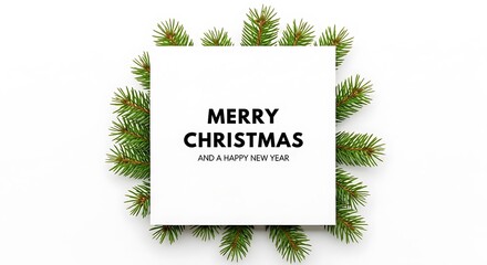Merry christmas and happy new year greeting card with fir branches isolated on white background
