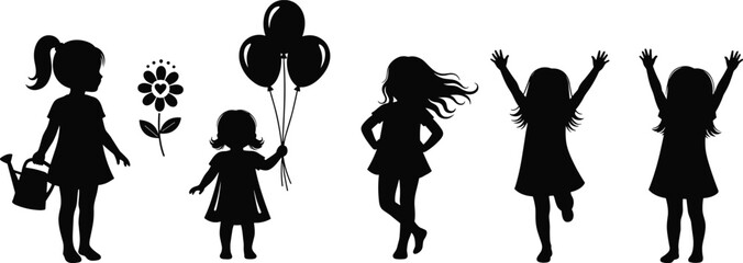 PrintChildren silhouette holding balloons, watering plants, celebrating together, joyful outdoor play, fun childhood activity, happy kids illustration, carefree youth moment