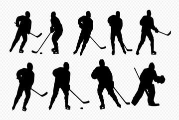 Dynamic silhouettes of ice hockey players, including a goalie, in various action poses with sticks and pucks.