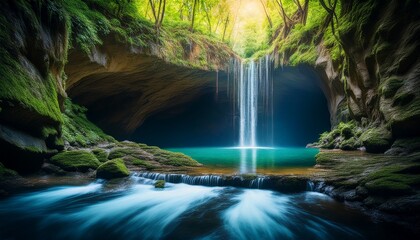 mystical glowing cave with waterfalls and a tranquil river
