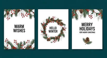 Set of three christmas greeting cards with winter holiday designs and festive messages