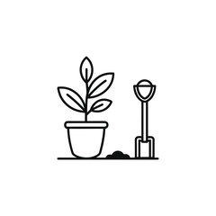 Planting a seedling with a shovel isolated on a white background