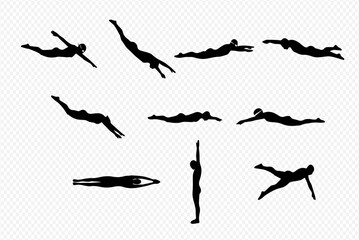 A collection of black swimmer silhouettes in various dynamic swimming and diving poses.
