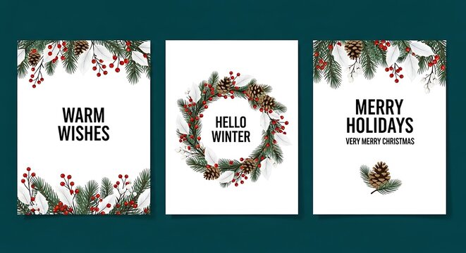 Set of three christmas greeting cards with winter holiday designs and festive messages