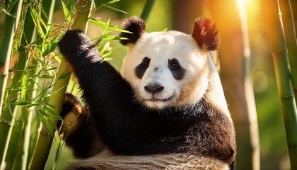 playful panda enjoying a sunny day among bamboo at a wildlife reserve in the afternoon