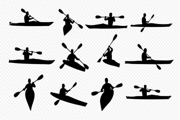 A collection of black silhouettes showing people kayaking in various poses and angles.