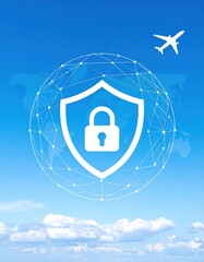 A digital illustration featuring a shield symbolizing security, set against a blue sky with clouds and an airplane, representing travel and safety.