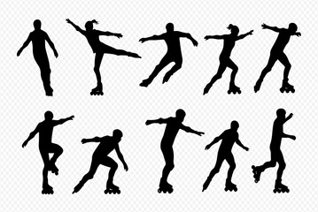 A collection of black silhouettes of people rollerblading in various dynamic and athletic poses.