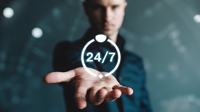 Person holding a glowing 24 7 service icon in their palm