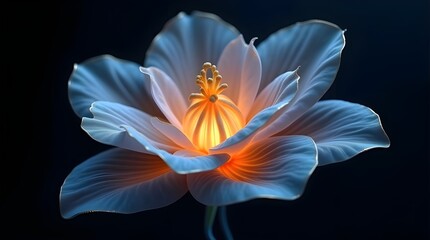 Glowing Silk Abstract Flower Floating in Dark Space with Blue and Gold Petals