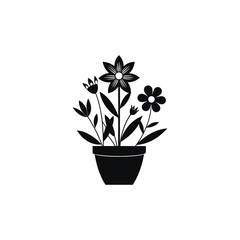 Black silhouette of a potted plant with flowers isolated on a white background