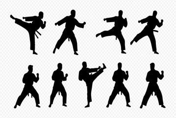 A collection of nine black silhouettes of a martial artist in a gi performing various kicks and fighting stances.