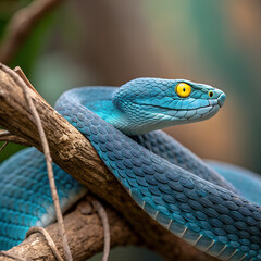 A blue viper snake on branch against black background
