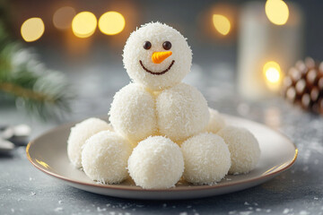 Homemade coconut candies  balls stacked in a pyramid in the shape of a snowman