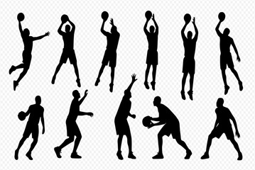 A collection of black silhouettes showing basketball players in various dynamic action poses.