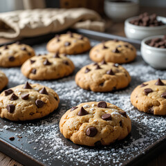 Naklejka premium Golden Brown Chocolate Chip Cookies with Powder Dusting