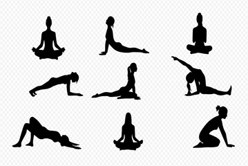 A collection of black silhouettes of a woman performing various yoga poses and stretching exercises.