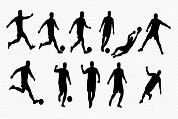 A collection of black silhouettes of soccer players in various dynamic action poses.