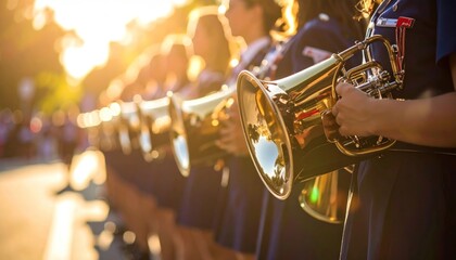 Brass band in a parade, golden light