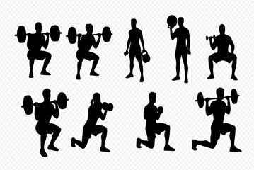 A set of black silhouettes depicting men and women performing various strength training exercises like squats and lunges with weights.