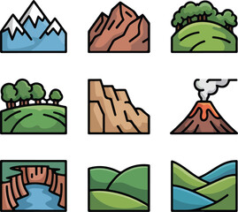 Obraz premium Nine stylized nature landscape icons mountain snow