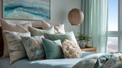 close-up of a coastal-themed bedroom with ocean motifs, color tones: sky blue, driftwood tan, and sea glass green