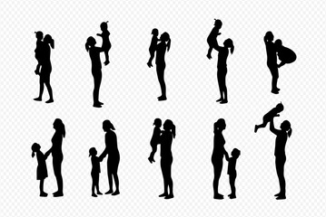 Silhouettes of mothers and children, various playful poses.