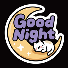 A cozy and peaceful cartoon cat sleeping on a large, glowing moon, with the message 