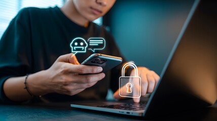 Person using smartphone and laptop with digital security icons