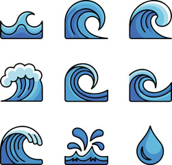 Fototapeta premium Collection of stylized blue water waves and droplet icons