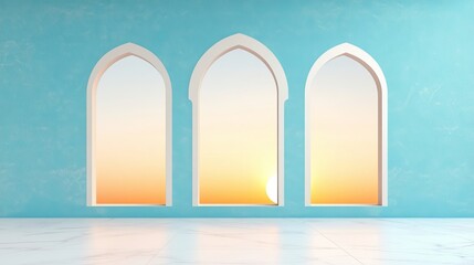 Colorful Islamic Greeting Banner with Arched Windows and Sunset Background