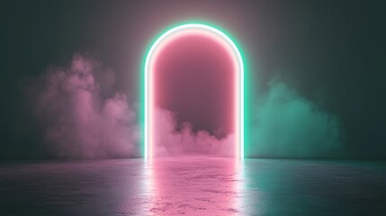 A Futuristic Neon Archway Surrounded by Colorful Fog in a 3D Rendered Environment