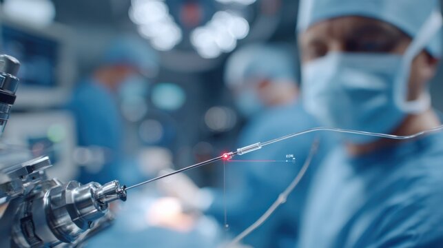 Medical team performing minimally invasive robotic surgery with a state of the art surgical robot featuring laser technology and augmented reality for enhanced precision and outcomes