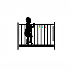 Silhouette of a baby peeking from behind furniture on white background