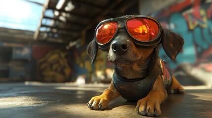 Stylish Dog in Sunglasses Relaxing in Urban Graffiti Setting