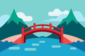 Mountain road bridge over a river with a beautiful summer sky, nature and trees