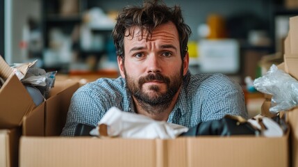 Stressed Employee Surrounded by Personal Belongings in Boxes at Work