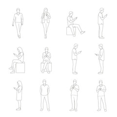 Line Art Characters Using Smartphones – Casual People in Modern Digital Poses