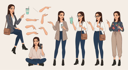Cartoon Female Character Set with Poses, Gestures, and Casual Outfits