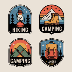 Flat Vector Outdoor Adventure Badges – Hiking and Camping Icons with Lantern, Boot, and Backpack