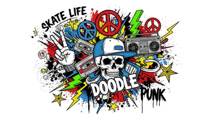 Skate Punk Doodle Illustration – Urban Graffiti Style Street Art with Skull, Boom Boxes, and Peace Signs